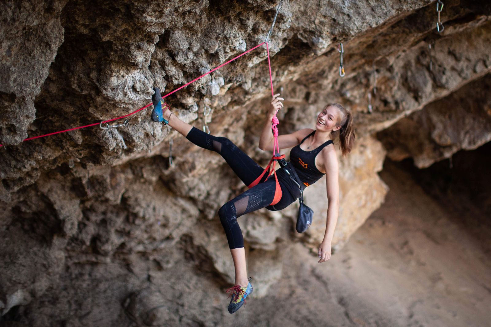 Flora working a route at Flinders Cave - photo by Adam West